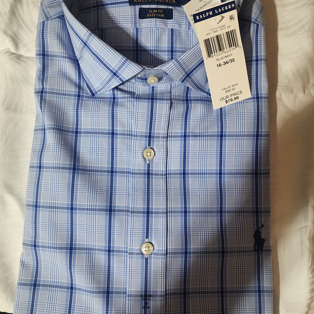Ralph Lauren Men's Blue Plaid Shirt Slim Fit Size 16 34-35